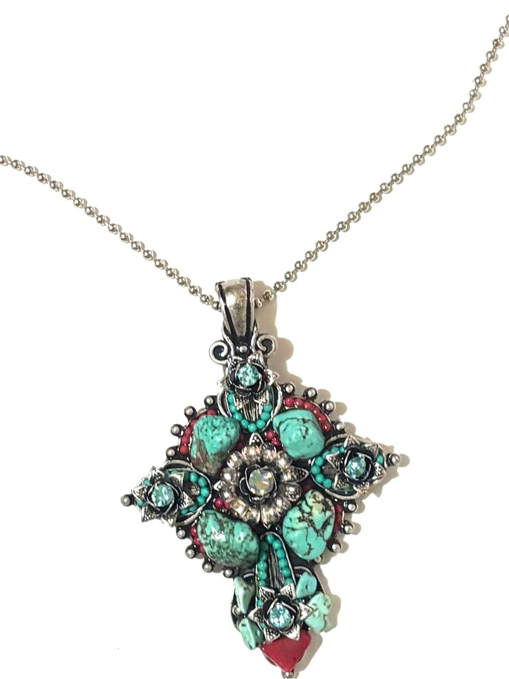 Turquoise and Red Vintage-Style Pendant Necklace - Women Jewelry